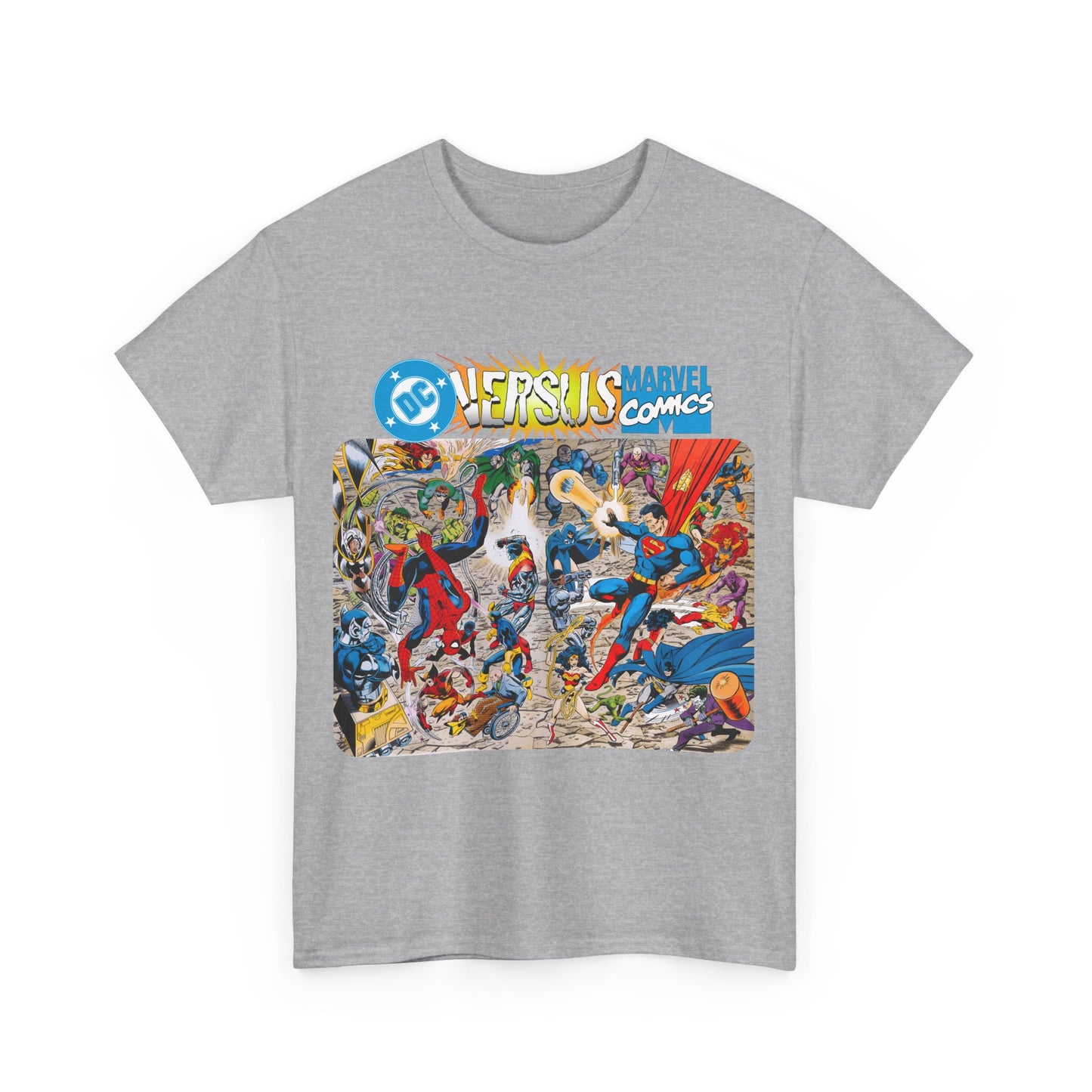 DC Comics Vs Marvel T-Shirt - John Byrne Art - Spider-Man, Raven, Cyborg, Wolverine, Joker, Superman, Batman, Deathstroke, Darkseid