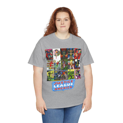 JLA Postcard T-Shirt - George Perez Art - Zatanna, Green Lantern, Flash, Batman, Hawkman, Wonder Woman, Firestorm - Justice League of America - DC Comics