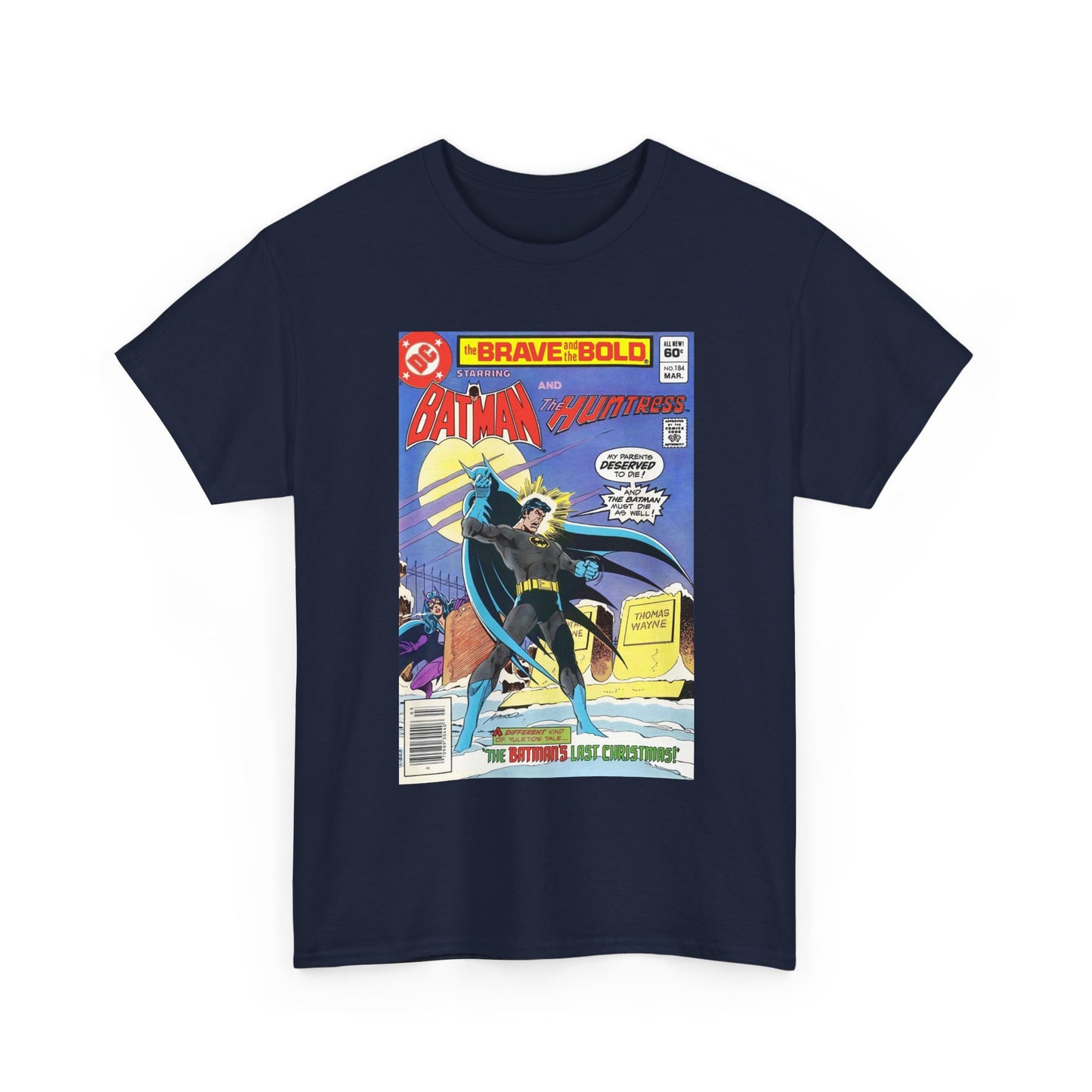 Navy blue t-shirt with a comic book graphic of Batman on a white background