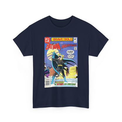 Navy blue t-shirt with a comic book graphic of Batman on a white background