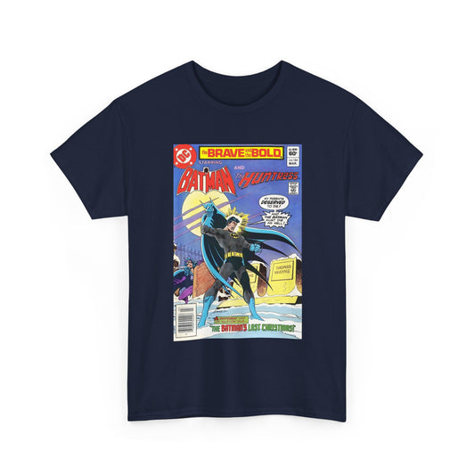 Navy blue t-shirt with a comic book graphic of Batman on a white background