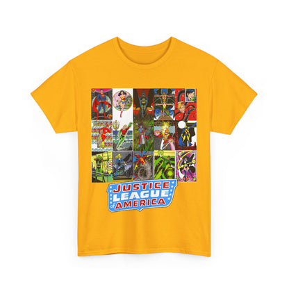 JLA Postcard T-Shirt - George Perez Art - Zatanna, Green Lantern, Flash, Batman, Hawkman, Wonder Woman, Firestorm - Justice League of America - DC Comics