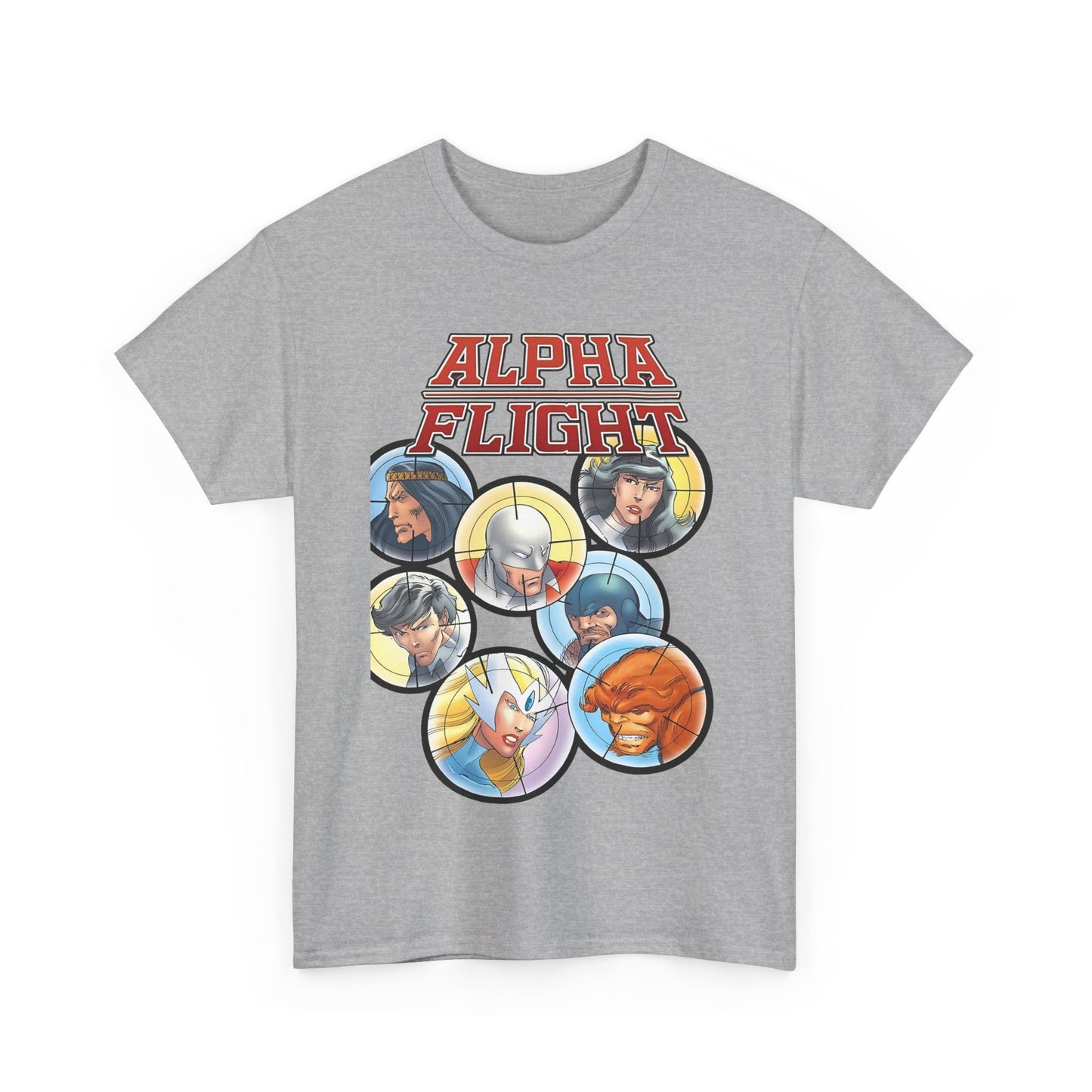 Alpha Flight T-Shirt - John Byrne Art - Guardian, Aurora, Northstar, Sasquatch, Shaman, Puck, Snowbird - Canada's Super Heroes - Marvel Comics