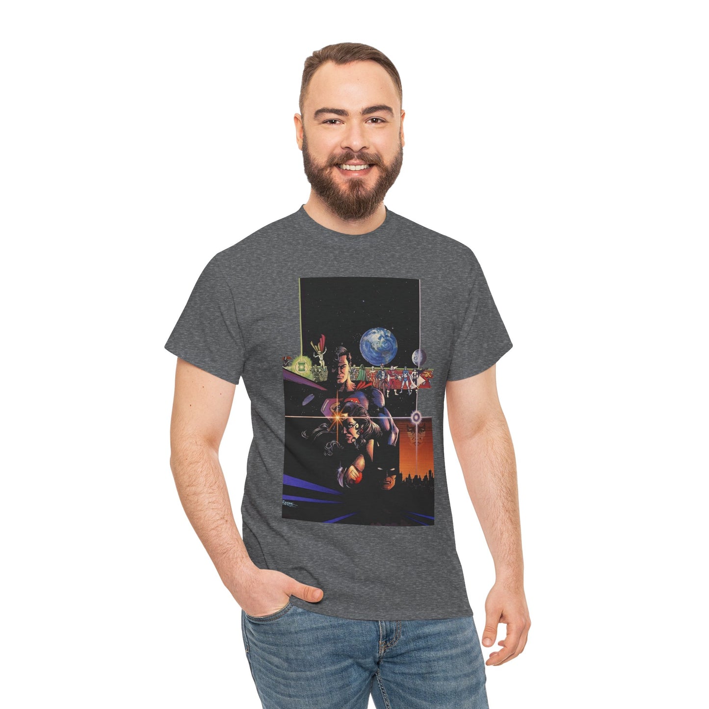 Crisis on Infinite Earths T-Shirt - George Perez Art - Superman, Batman, Wonder Woman, Captain Marvel, Blue Beetle, Kid Flash - Retro 1980s - DC Comics