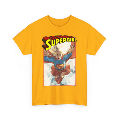 Yellow t-shirt with Supergirl graphic on a white background