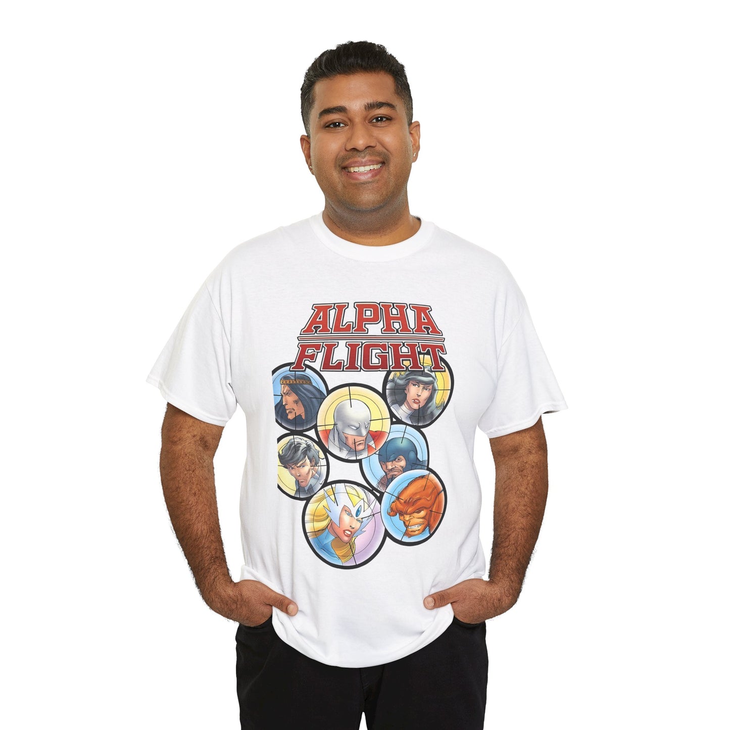 Alpha Flight T-Shirt - John Byrne Art - Guardian, Aurora, Northstar, Sasquatch, Shaman, Puck, Snowbird - Canada's Super Heroes - Marvel Comics