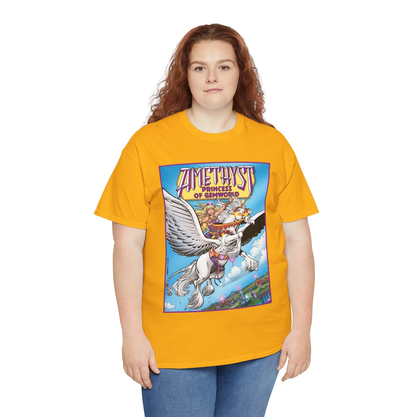 Amethyst Princess of Gemworld T-Shirt - George Perez Art - DC Comics 1980s Series - Riding a Unicorn