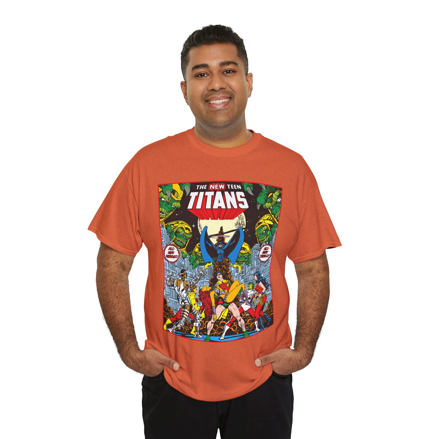 New Teen Titans T-Shirt - George Perez Art - #1 Splash Page - Robin, Starfire, Wonder Girl, Cyborg, Raven, Changeling, Kid Flash - DC Comics