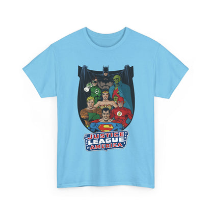 Justice League of America T-Shirt - George Perez Art - Superman, Wonder Woman, Batman, Aquaman, Martian Manhunter, Flash, Green Lantern - DC Comics