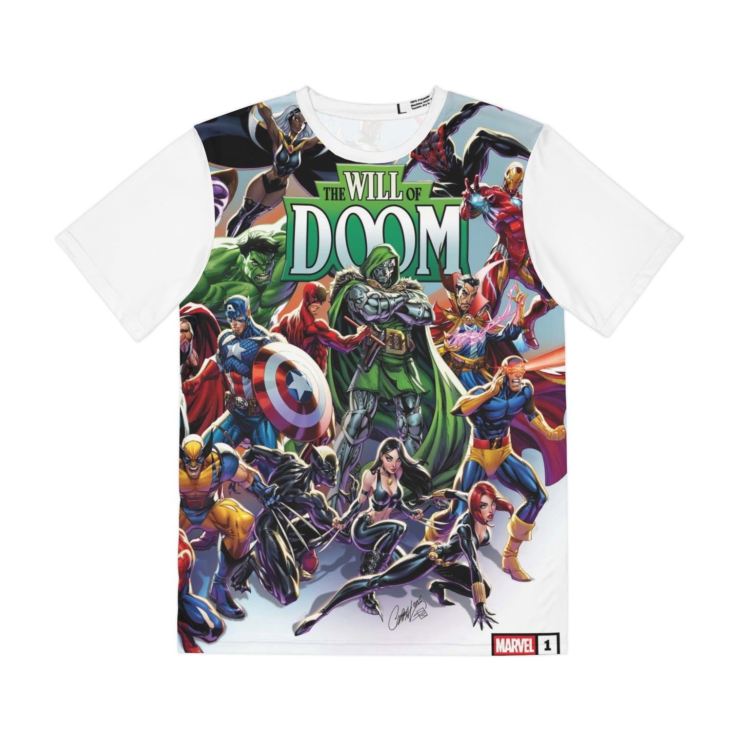 The Will of Doom All Over Print Tee (Polyester) - Captain America, Black Widow, Cyclops, Black Panther, Wolverine, Iron Man, Hulk - Marvel Comics