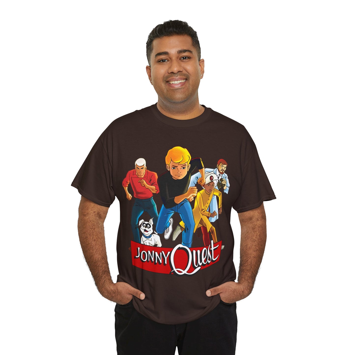 Jonny Quest T-Shirt - Popular Hanna-Barbera Cartoon Characters from the 1960s Adventure TV Show - Dr Benton, Hadji, Race Bannon, Bandit the Dog
