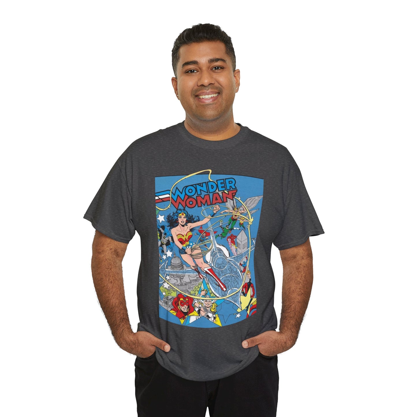 Wonder Woman T-Shirt - Ed Hannigan Art - #300 Cover Art - Hawkman, Green Lantern, Elongated Man, Sandman - DC Comics