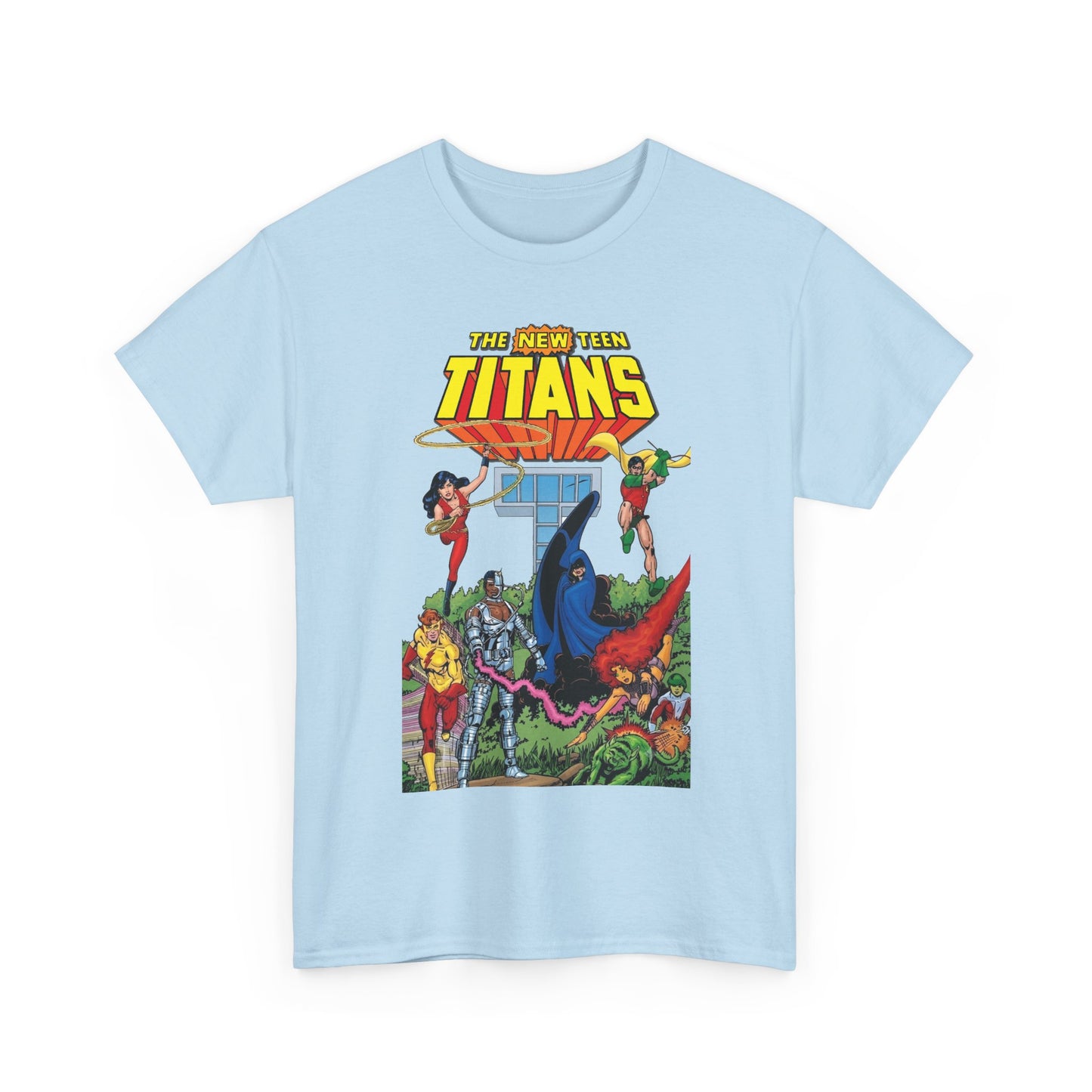 New Teen Titans T-Shirt - George Perez Art - Robin, Wonder Girl, Cyborg, Raven, Changeling, Starfire, Kid Flash - Titans Tower - DC Comics