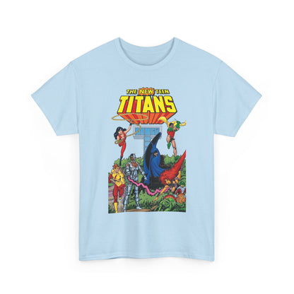 New Teen Titans T-Shirt - George Perez Art - Robin, Wonder Girl, Cyborg, Raven, Changeling, Starfire, Kid Flash - Titans Tower - DC Comics