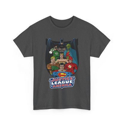 Justice League of America T-Shirt - George Perez Art - Superman, Wonder Woman, Batman, Aquaman, Martian Manhunter, Flash, Green Lantern - DC Comics