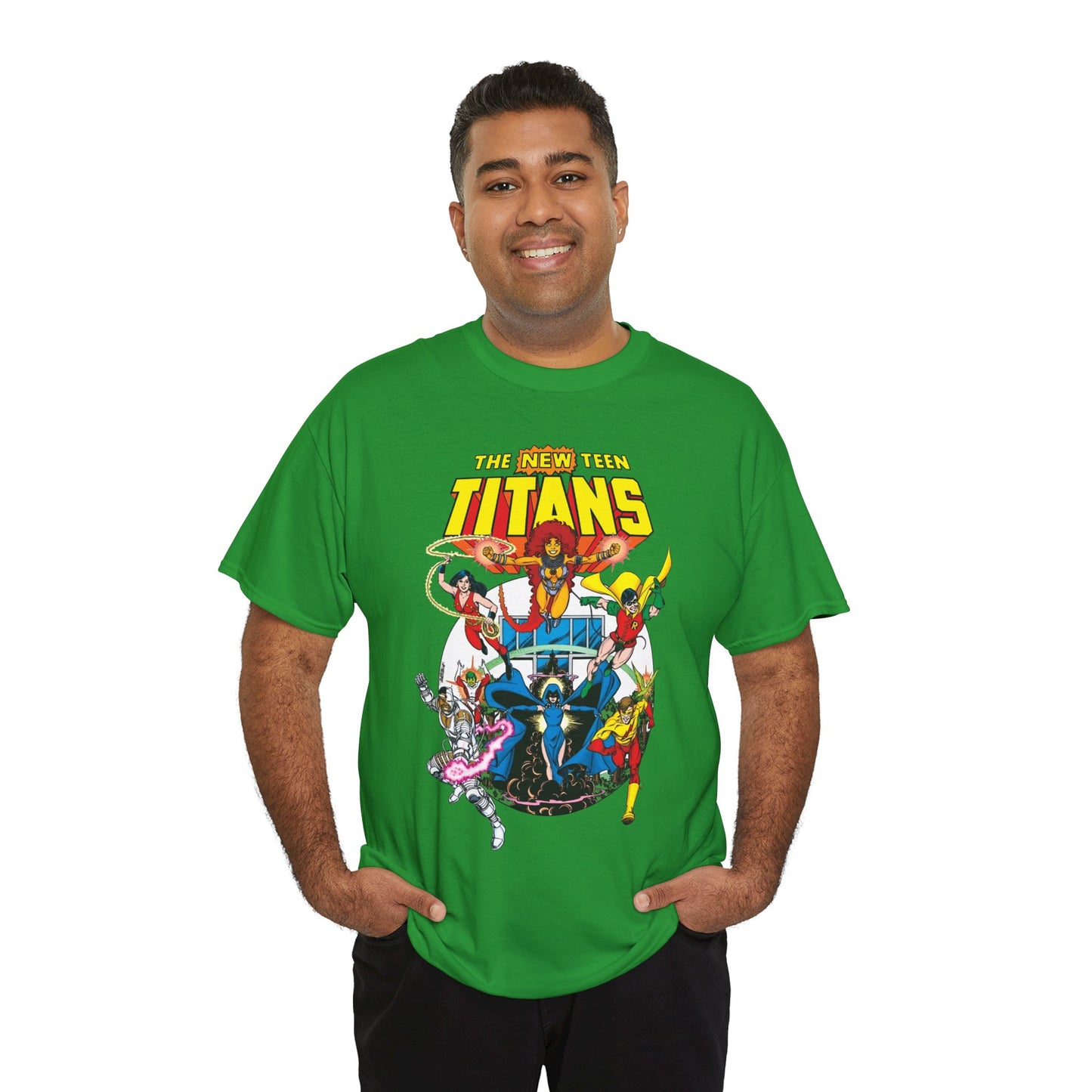 New Teen Titans T-Shirt - Classic George Perez Art - Cyborg, Raven, Starfire, Robin, Wonder Girl, Changeling, Kid Flash - Titans Tower - Popular DC Comics 1980s Series