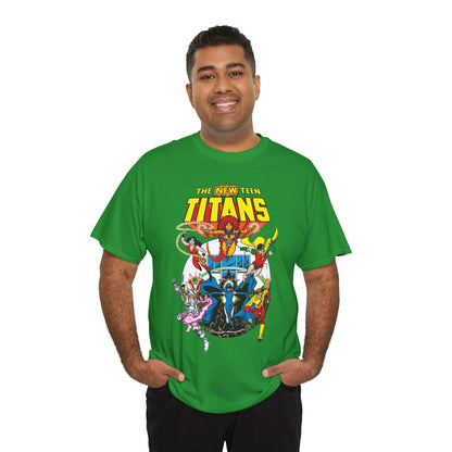 New Teen Titans T-Shirt - Classic George Perez Art - Cyborg, Raven, Starfire, Robin, Wonder Girl, Changeling, Kid Flash - Titans Tower - Popular DC Comics 1980s Series