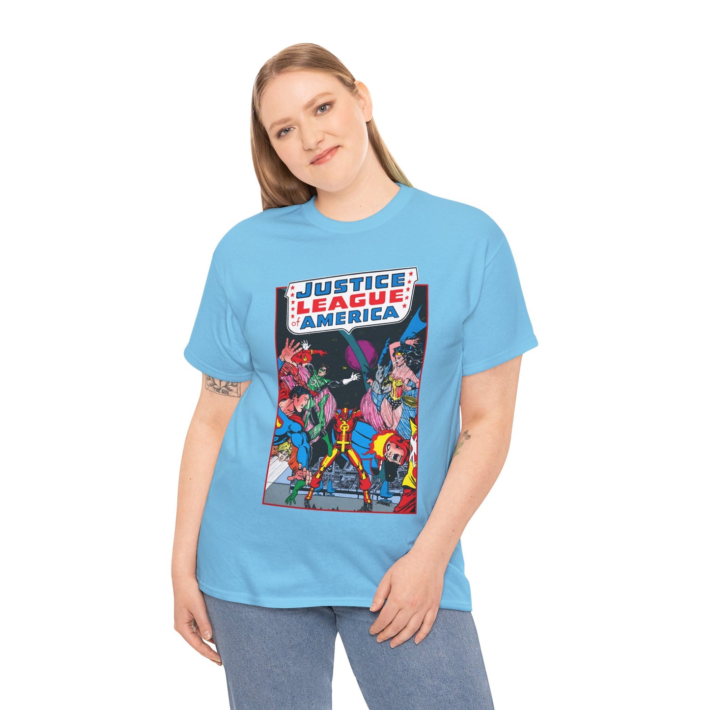 Justice League of America T-Shirt - George Perez Art - 1980s Satellite Era - Superman, Wonder Woman, Firestorm, Green Lantern, Batman - DC Comics