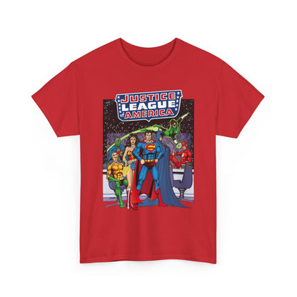 Justice League T-Shirt - George Perez Art - JLA Satellite Era - Superman, Wonder Woman, Green Lantern, Batman, Flash, Aquaman, Martian Manhunter - DC Comics