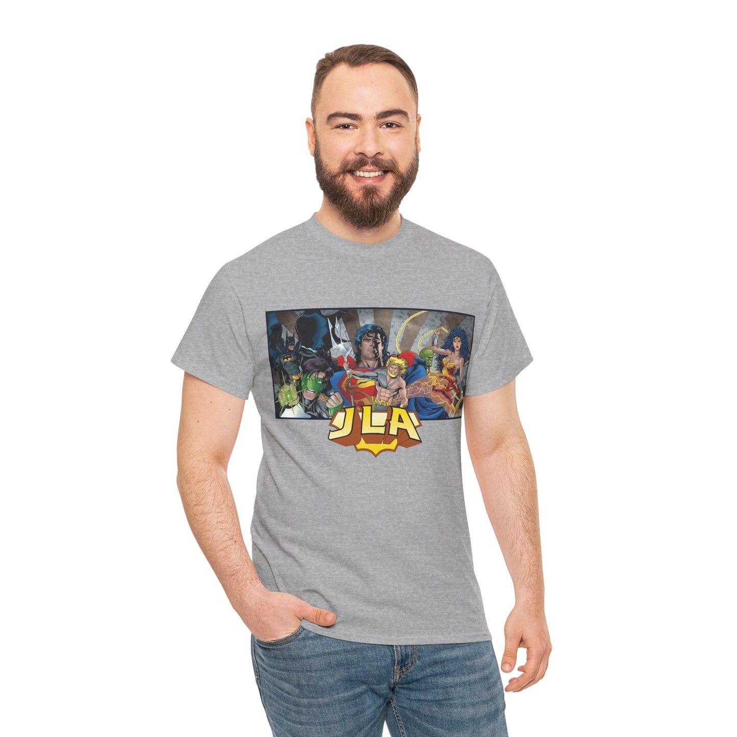 Justice League T-Shirt - Kevin Maguire Art - Superman, Wonder Woman, Batman, Flash, Aquaman, Martian Manhunter, Green Lantern - 90s Lineup - DC Comics