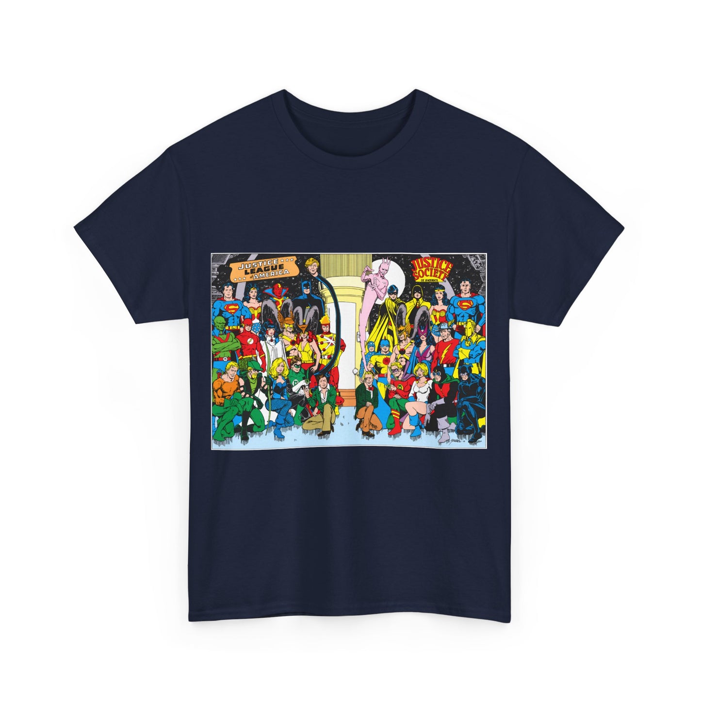 JLA & JSA T-Shirt - George Perez Art - Justice League, Society Team-up - Batman, Wildcat, Dr Fate, Hourman, Firestorm, Superman