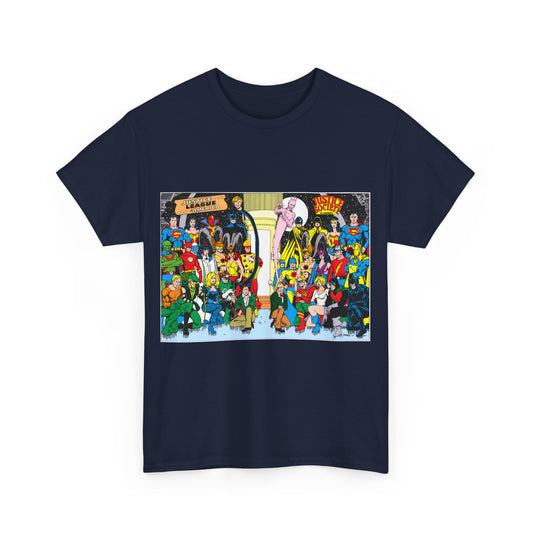 JLA & JSA T-Shirt - George Perez Art - Justice League, Society Team-up - Batman, Wildcat, Dr Fate, Hourman, Firestorm, Superman