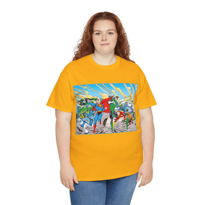 Justice League America/Europe T-Shirt - Dan Jurgens Art - Superman, Blue Beetle, Booster Gold, Green Lantern, Aquaman, Power Girl, Guy Gardner, Flash - DC Comics