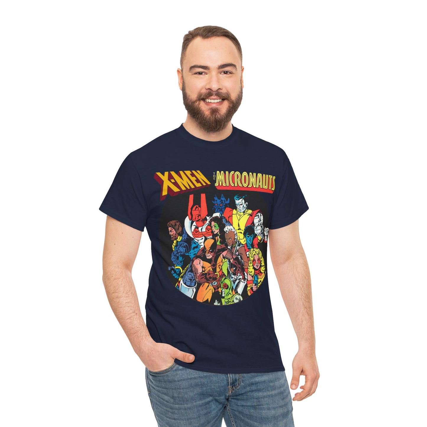X-Men/Micronauts T-Shirt - Wolverine, Storm, Nightcrawler, Kitty Pryde, Colossus, Acroyear, Arcturus Rann, Marionette Bug - Marvel Comics - Popular 1980s Crossover Mini-Series