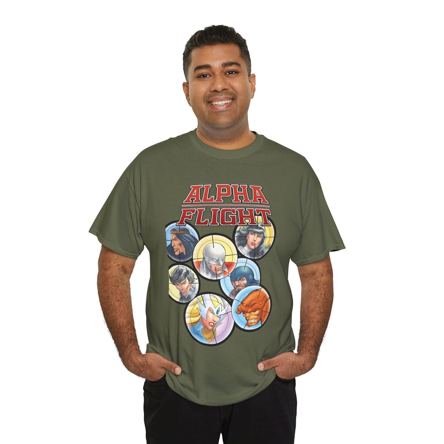 Alpha Flight T-Shirt - John Byrne Art - Guardian, Aurora, Northstar, Sasquatch, Shaman, Puck, Snowbird - Canada's Super Heroes - Marvel Comics
