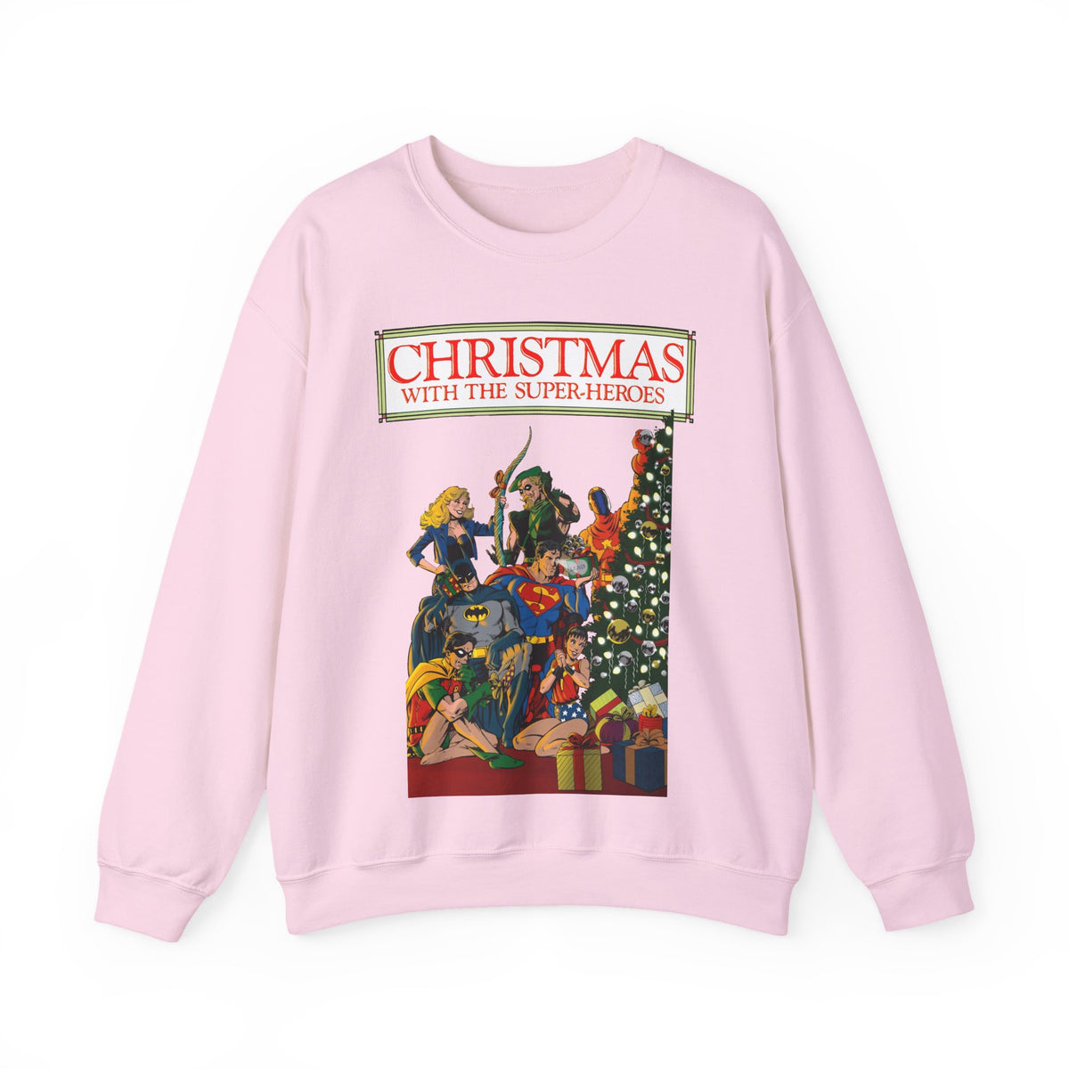Christmas With the DC Super-Heroes Heavy Blend Crewneck Sweatshirt - Superman, Batman, Green Arrow, Black Canary - Festive Holiday Shirt