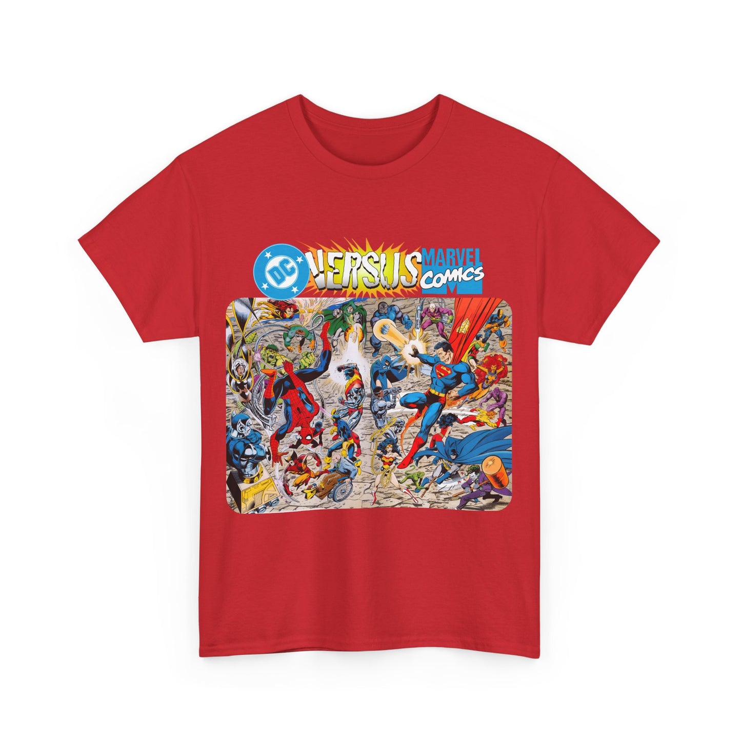 DC Comics Vs Marvel T-Shirt - John Byrne Art - Spider-Man, Raven, Cyborg, Wolverine, Joker, Superman, Batman, Deathstroke, Darkseid