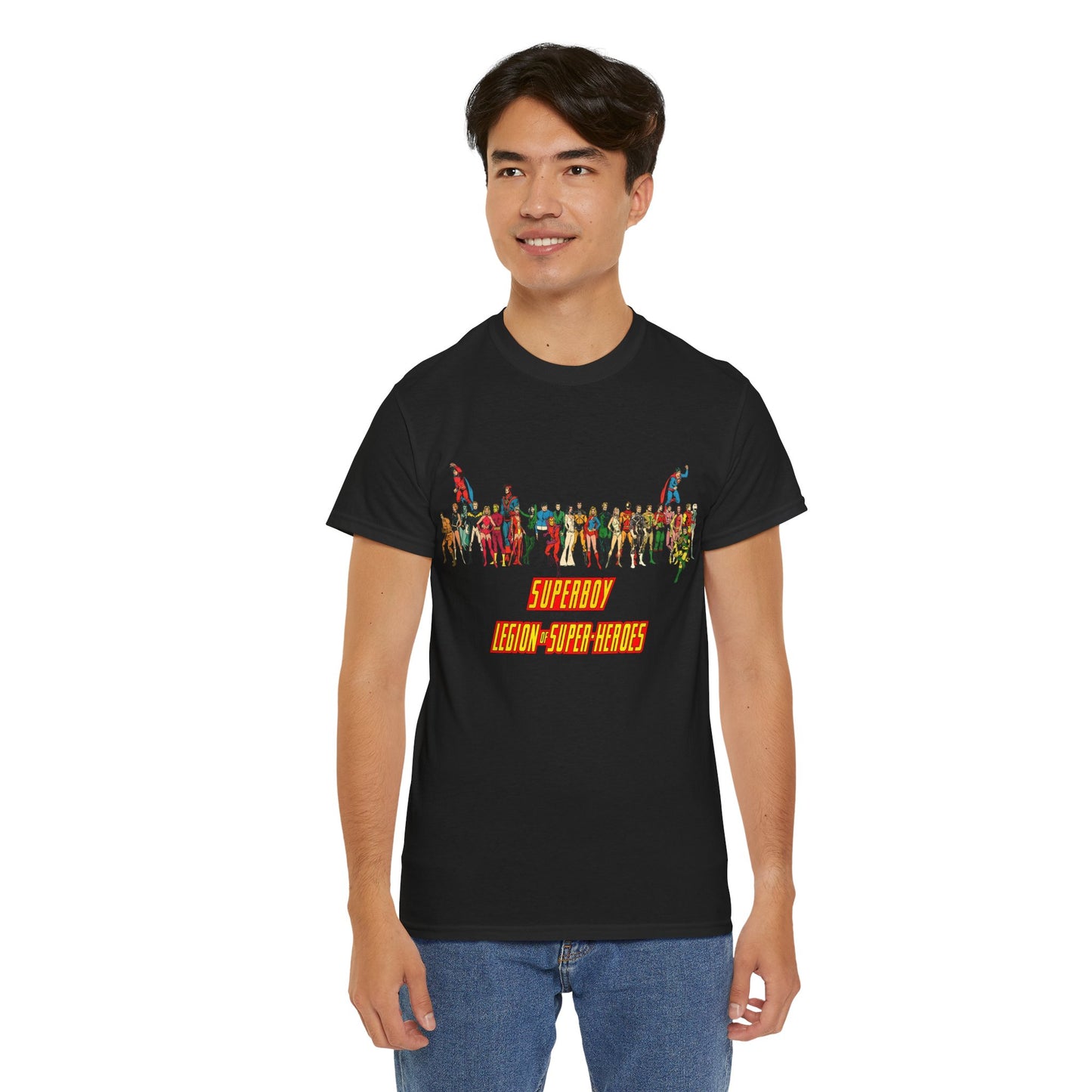Superboy & Legion of Super-Heroes T-Shirt - 1970s DC Comics Art - Saturn Girl, Lightning Lad, Brainiac 5, Supergirl, Dawnstar, Mon-El, Bouncing Boy, Wildfire - LOSH