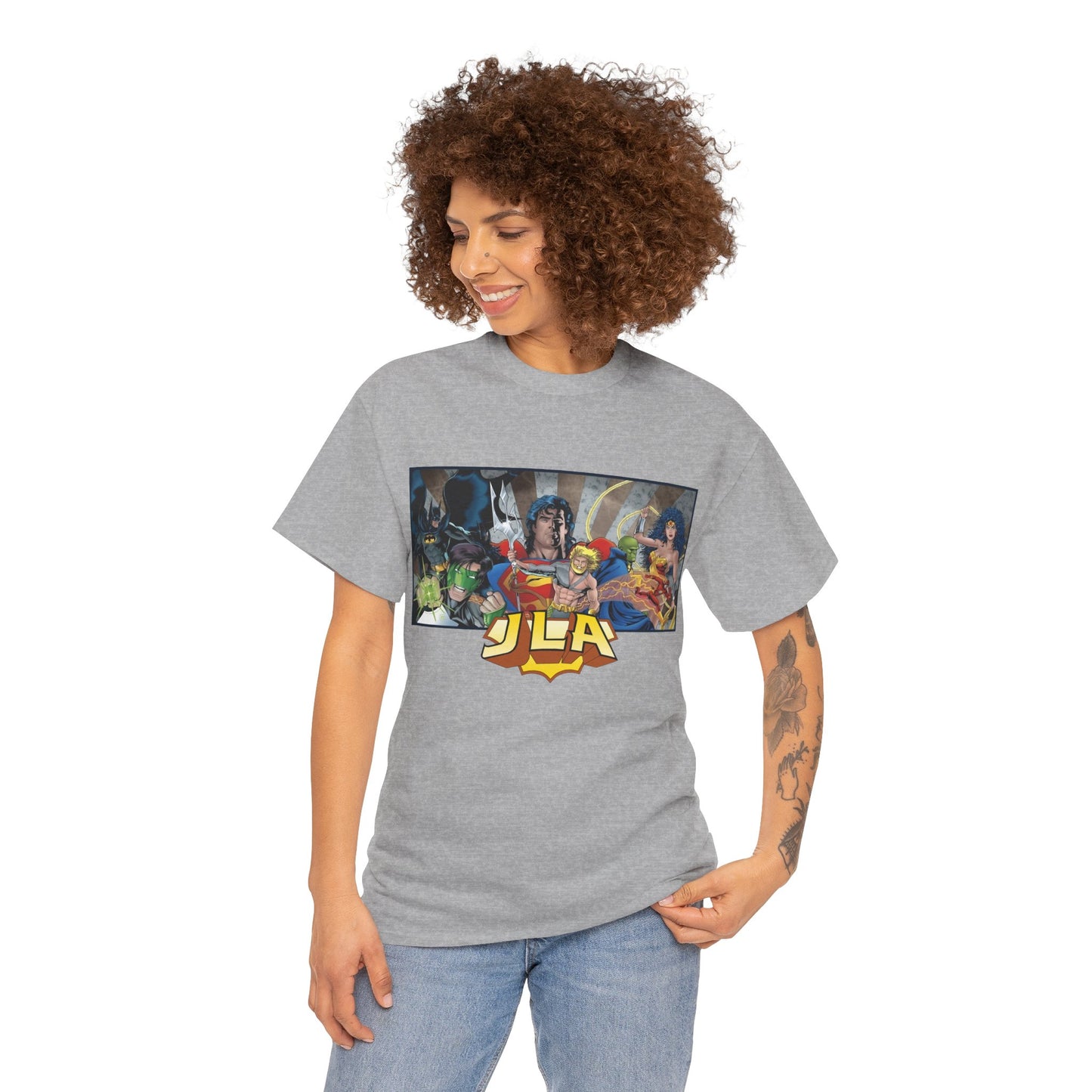Justice League T-Shirt - Kevin Maguire Art - Superman, Wonder Woman, Batman, Flash, Aquaman, Martian Manhunter, Green Lantern - 90s Lineup - DC Comics