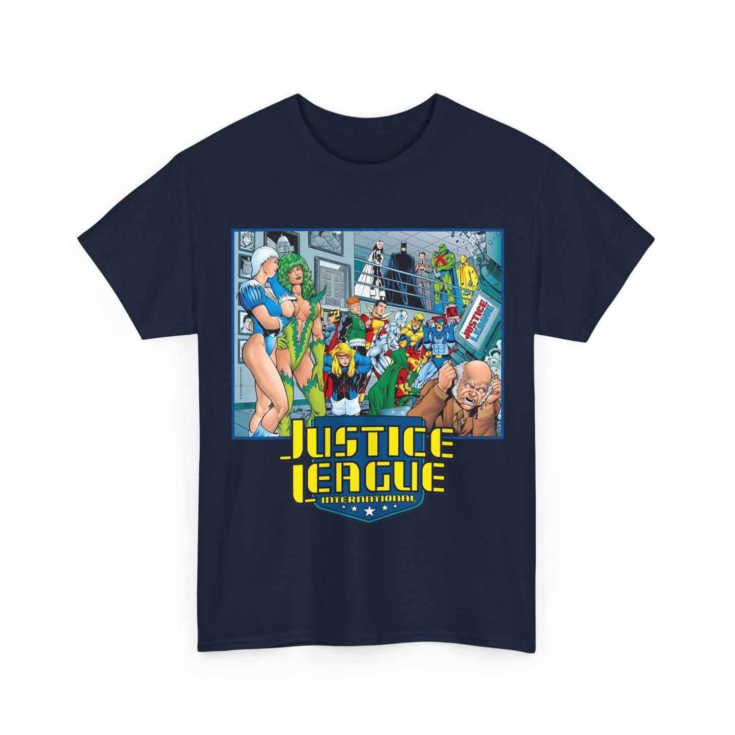 Justice League International T-Shirt - Kevin Maguire Art - Blue Beetle, Booster Gold, Martian Manhunter, Captain Atom, Batman, Fire, Ice - DC Comics - JLI