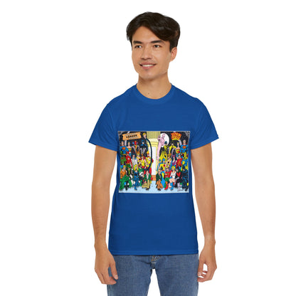 JLA & JSA T-Shirt - George Perez Art - Justice League, Society Team-up - Batman, Wildcat, Dr Fate, Hourman, Firestorm, Superman