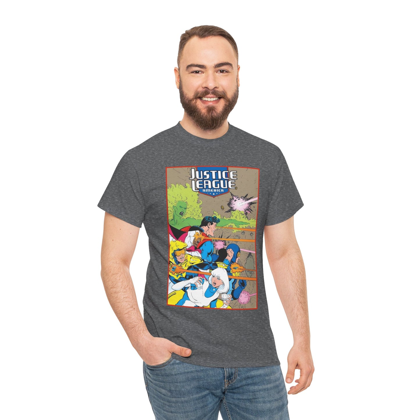 Justice League of America T-Shirt - Dan Jurgens Art - Superman, Fire, Ice, Blue Beetle, Booster Gold, Bloodwynde - DC Comics