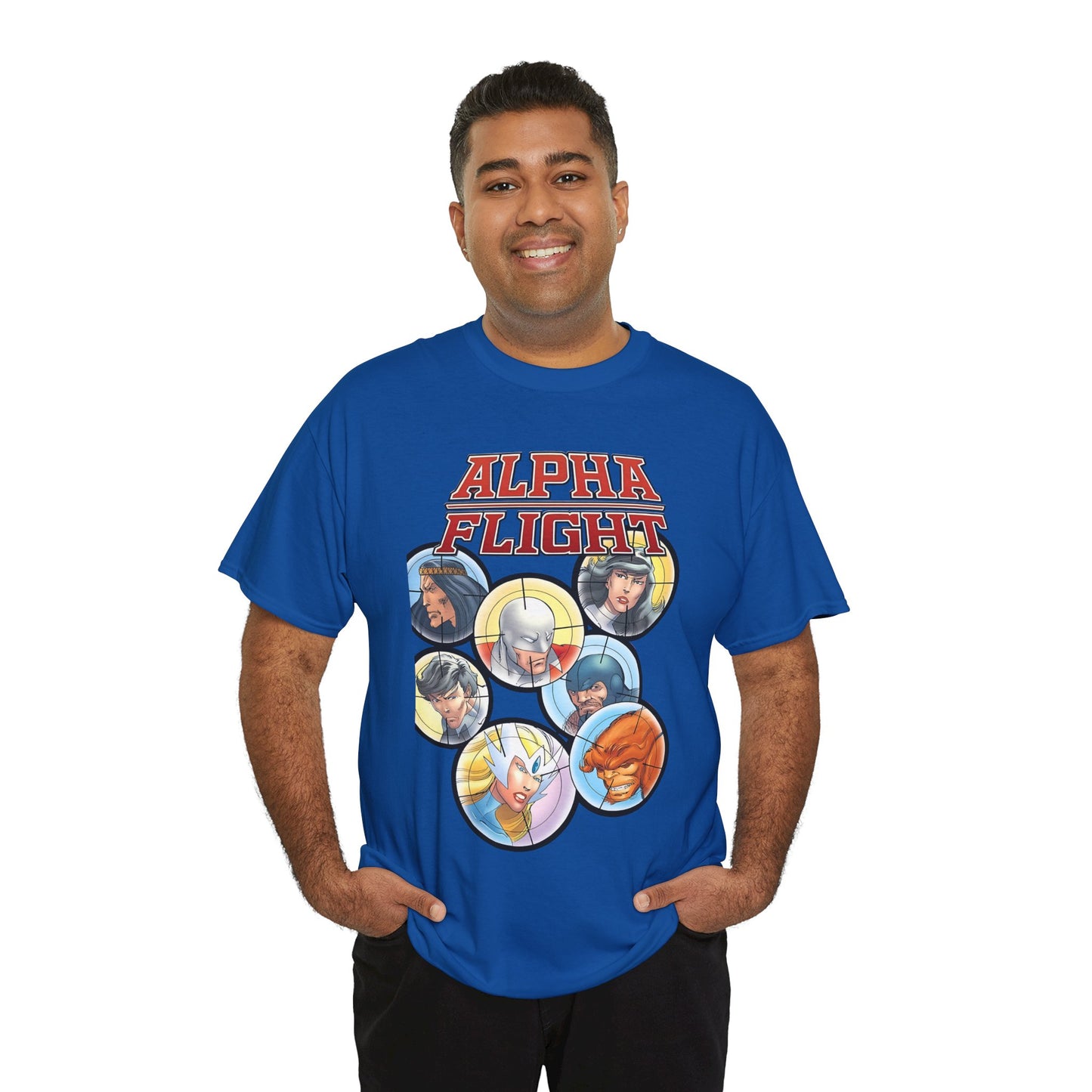 Alpha Flight T-Shirt - John Byrne Art - Guardian, Aurora, Northstar, Sasquatch, Shaman, Puck, Snowbird - Canada's Super Heroes - Marvel Comics