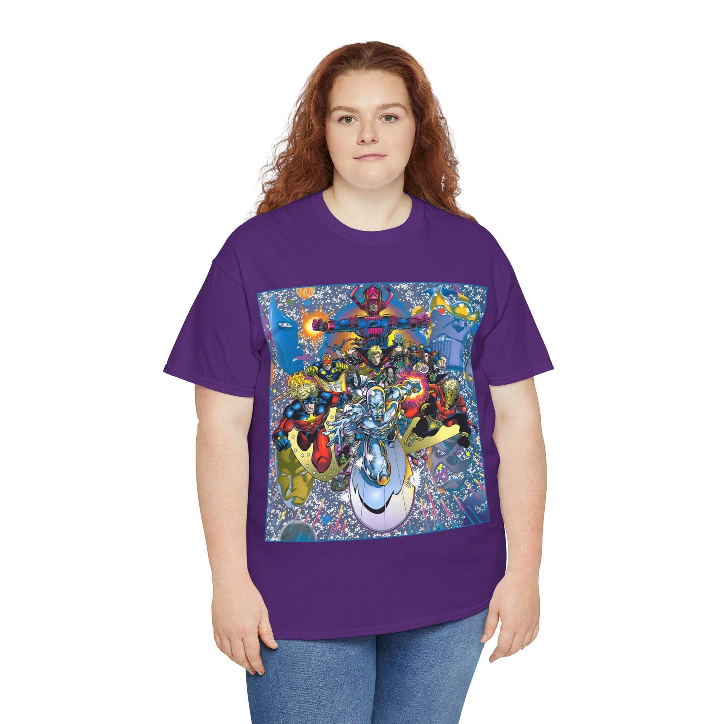 Marvel Cosmic Heroes T-Shirt - Silver Surfer, Captain Marvel, Adam Warlock, Quasar, Nova, Galactus, Jack of Hearts, Moondragon, Thanos