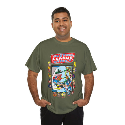JLA & JSA T-Shirt - George Perez Art - All-Star Squadron - Firestorm, Huntress, Starman, Zatanna, Liberty Belle, Superman, Robotman, Firebrand, Dr Fate - DC Comics
