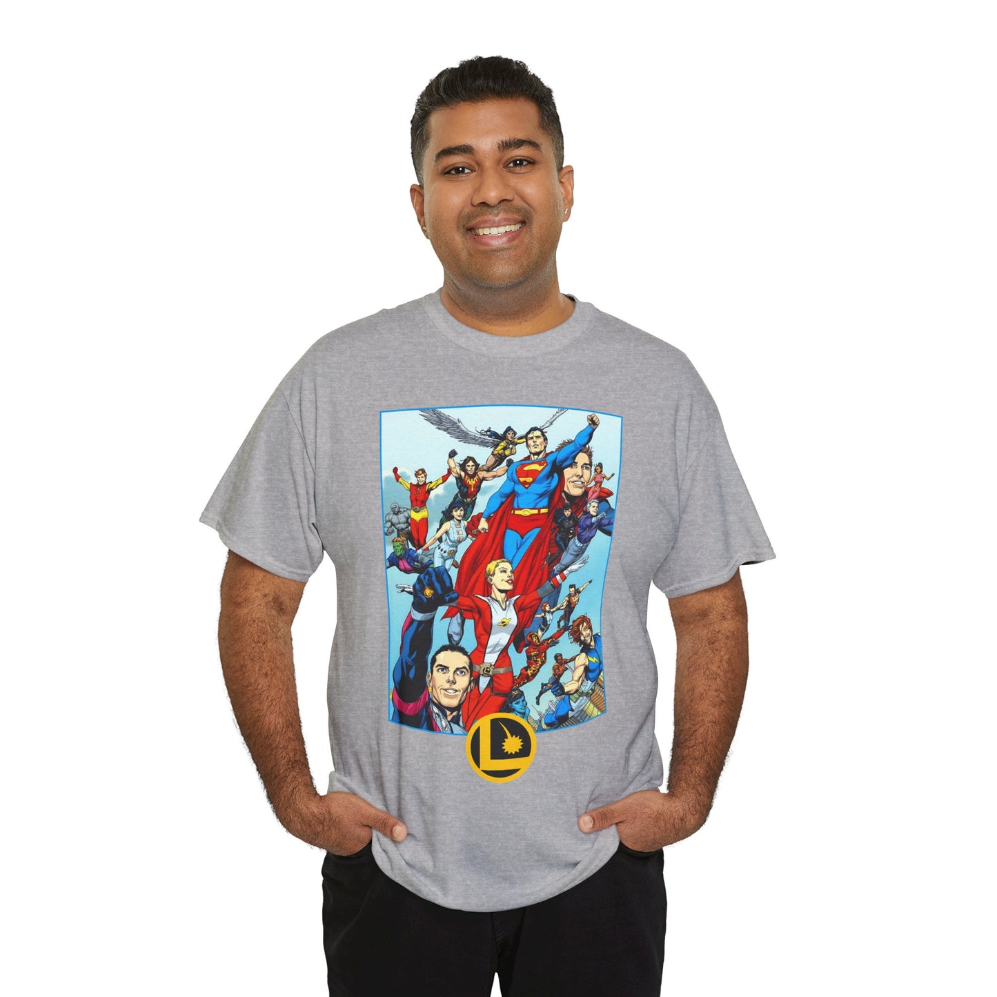 Legion of Super-Heroes T-Shirt - Gary Frank Art - Superman, Saturn Girl, Cosmic Boy, Dawnstar, Brainiac 5, Phantom Girl, Wildfire, Blok, Lightning Lad, Timber Wolf - LOSH - DC Comics