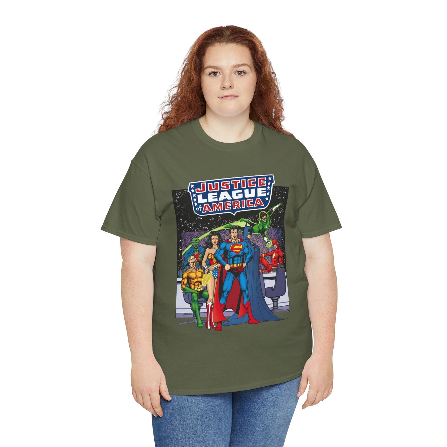 Justice League T-Shirt - George Perez Art - JLA Satellite Era - Superman, Wonder Woman, Green Lantern, Batman, Flash, Aquaman, Martian Manhunter - DC Comics