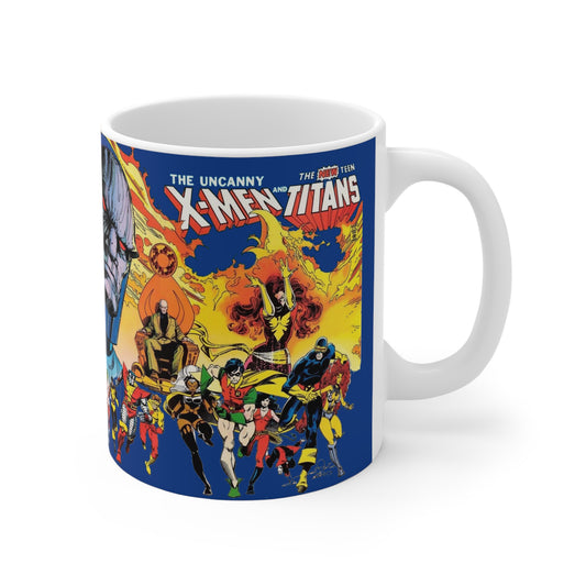 New Teen Titans, Uncanny X-Men Coffee Mug, 11oz - DC & Marvel Comics Crossover - Walt Simonson Art - Cyclops, Wolverine, Dark Phoenix, Cyborg, Raven, Darkseid