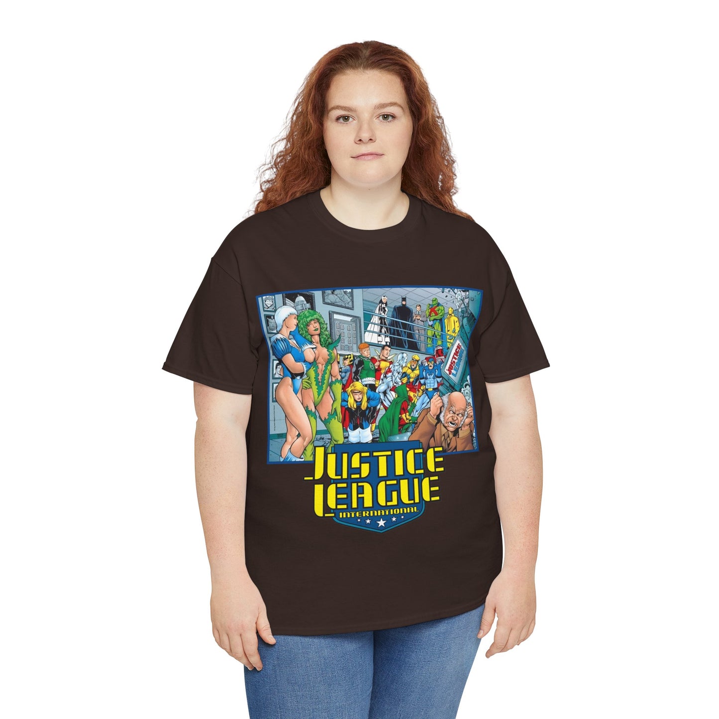 Justice League International T-Shirt - Kevin Maguire Art - Blue Beetle, Booster Gold, Martian Manhunter, Captain Atom, Batman, Fire, Ice - DC Comics - JLI