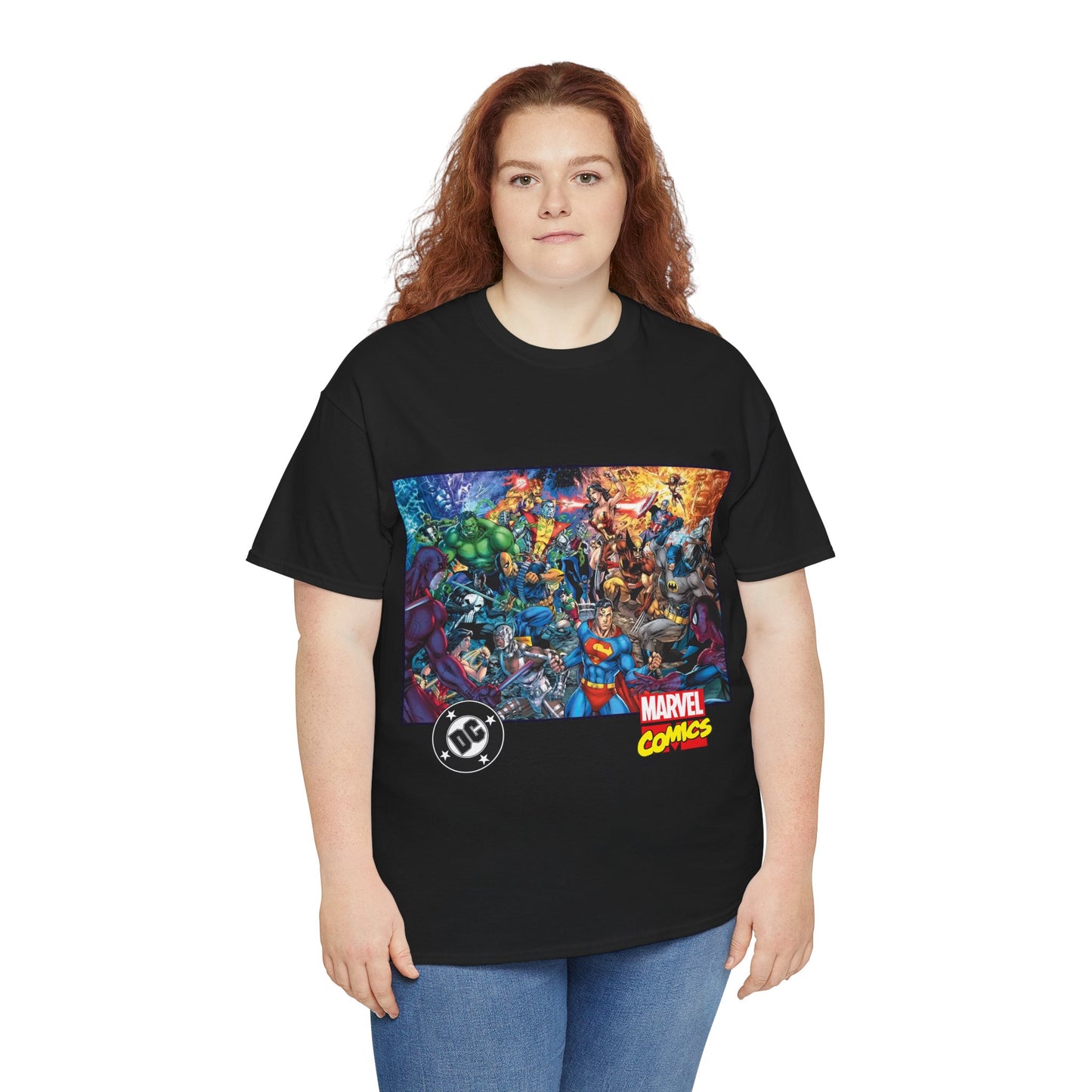 DC Vs Marvel T-Shirt - Jim Lee Art - Batman, Superman, Spider-Man, Wolverine, Wonder Woman, Daredevil, Hulk, Captain America, Deathstroke, Storm, Colossus - DC Comics, Marvel Comics Crossover