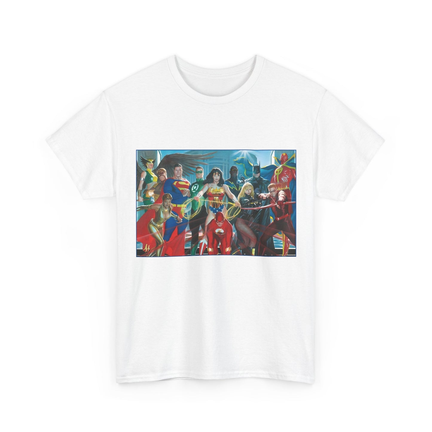 Justice League T-Shirt - Alex Ross Art - Superman, Wonder Woman, Batman, Flash, Black Canary, Vixen, Black Lightning, Green Lantern, Geo-Force, Red Tornado - DC Comics