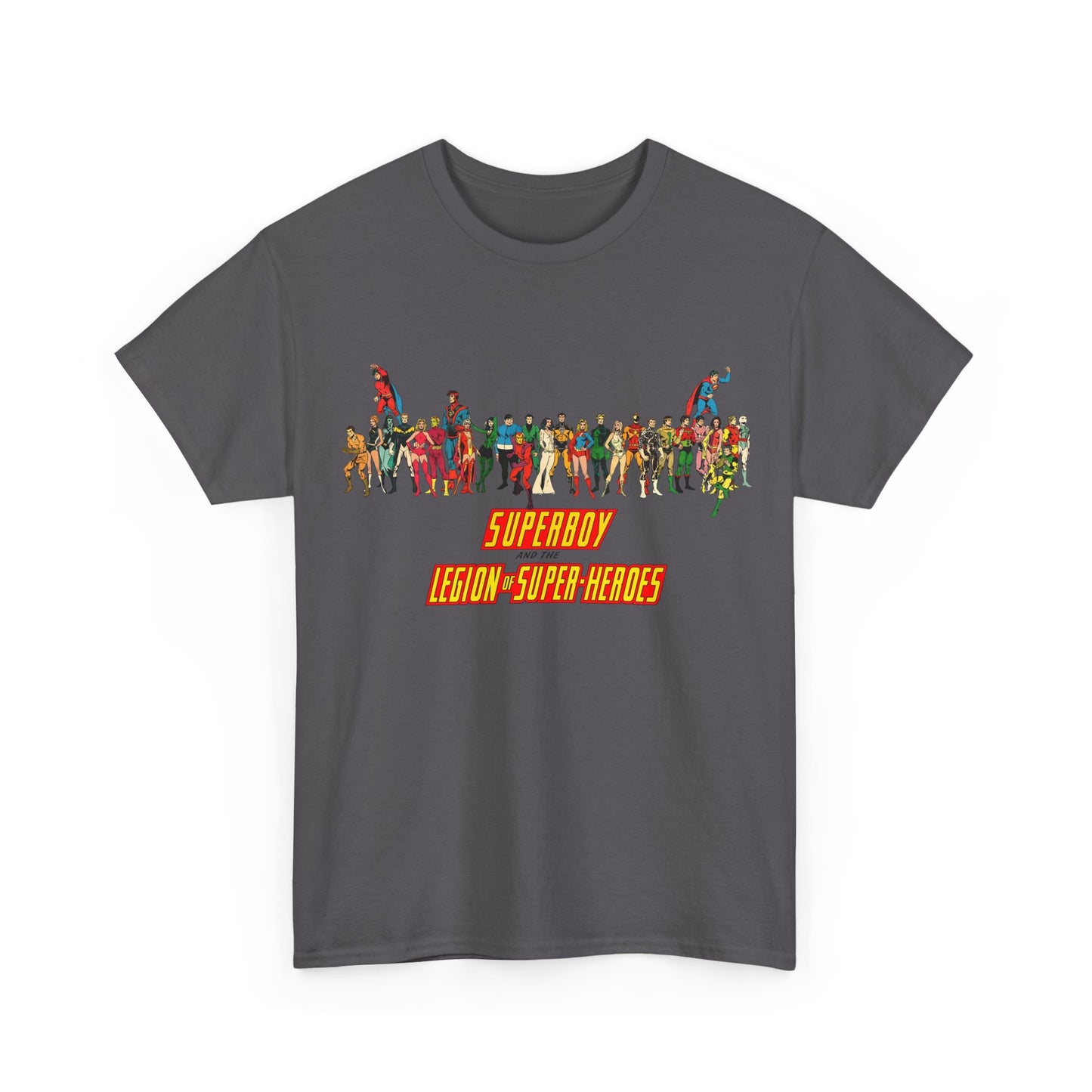 Superboy & Legion of Super-Heroes T-Shirt - 1970s DC Comics Art - Saturn Girl, Lightning Lad, Brainiac 5, Supergirl, Dawnstar, Mon-El, Bouncing Boy, Wildfire - LOSH