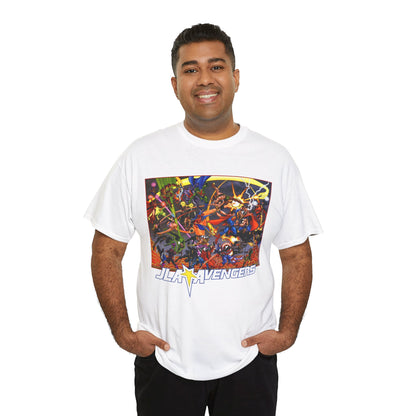 Avengers Vs JLA T-Shirt - Stunning George Perez Art - Marvel & DC Comics Crossover - Thor, Superman, Wonder Woman, Hercules, Iron Man, Batman, Black Canary, Scarlet Witch, Wonder Man, Martian Manhunter