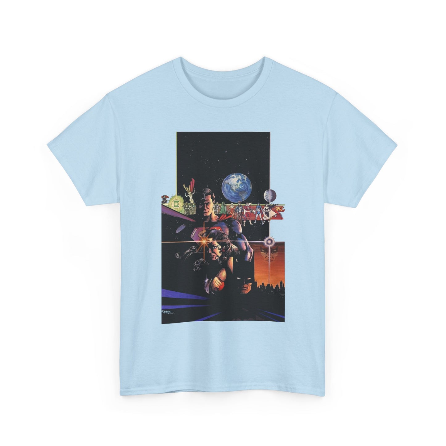 Crisis on Infinite Earths T-Shirt - George Perez Art - Superman, Batman, Wonder Woman, Captain Marvel, Blue Beetle, Kid Flash - Retro 1980s - DC Comics
