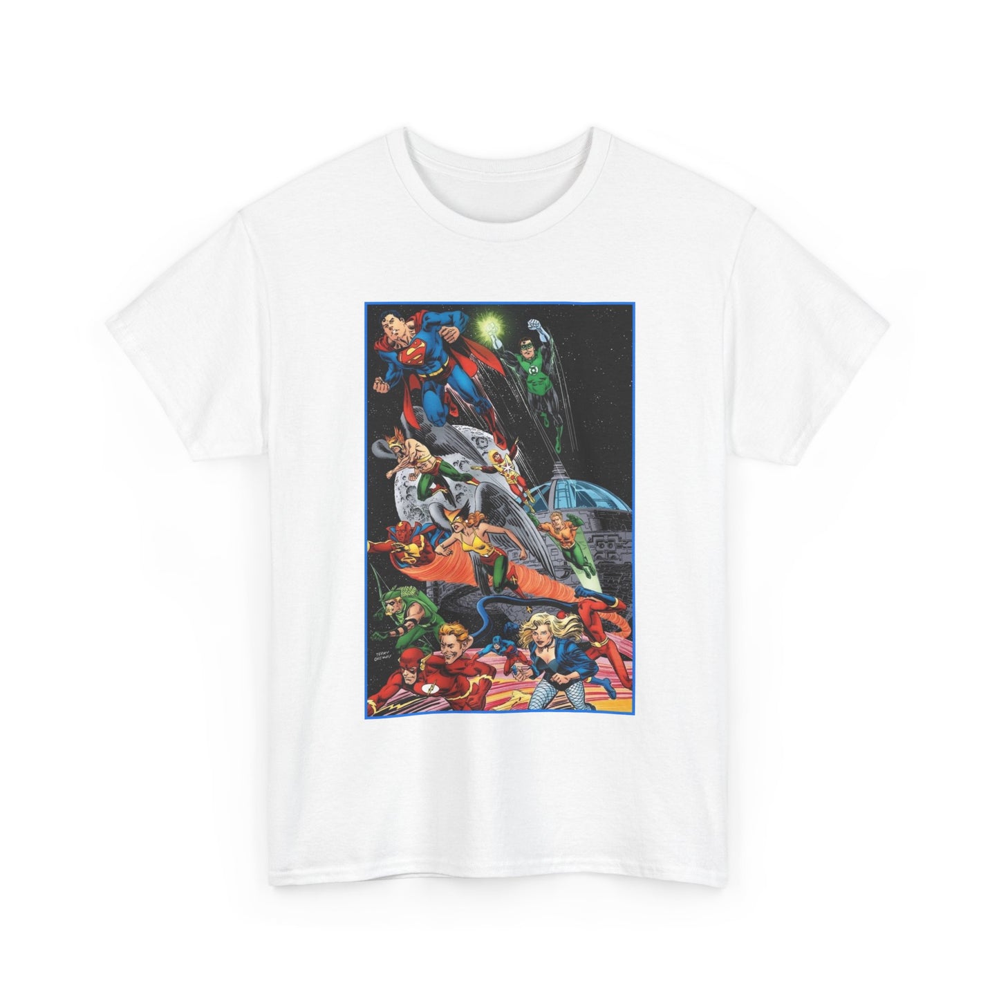 Justice League of America T-Shirt - Jerry Ordway Art - Superman, Wonder Woman, Firestorm, Flash, Black Canary, Atom - DC Comics
