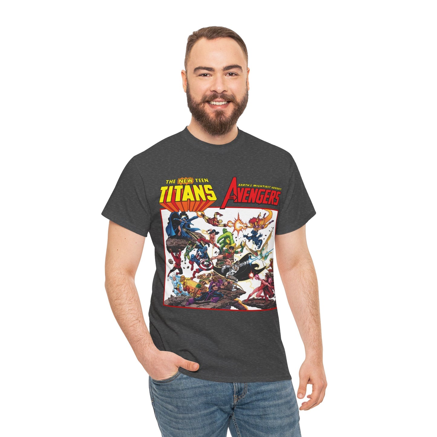 New Teen Titans Vs Avengers T-Shirt - George Perez Art - Hawkeye, Wonder Man, Raven, Starfire, Cyborg, Scarlet Witch, Wonder Girl - DC Comics & Marvel Comics
